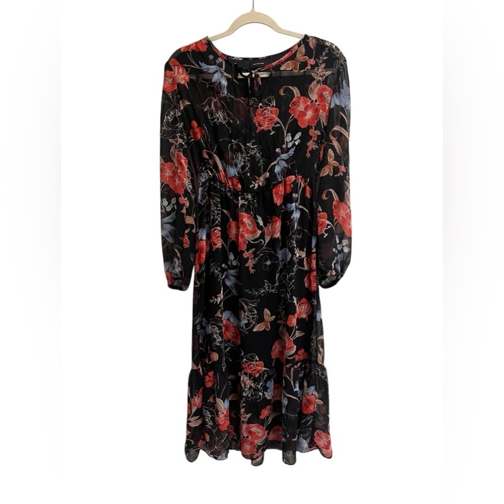 WHO WHAT WEAR Women’s Floral Sheer Long Sleeve - 2 Piece Midi Dress - Size Small
